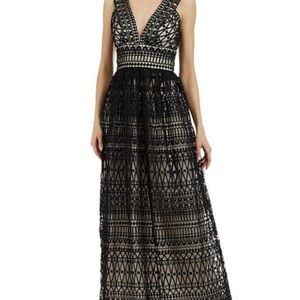 Nicole Miller New York | formal black v-neck eyelet and lace maxi dress